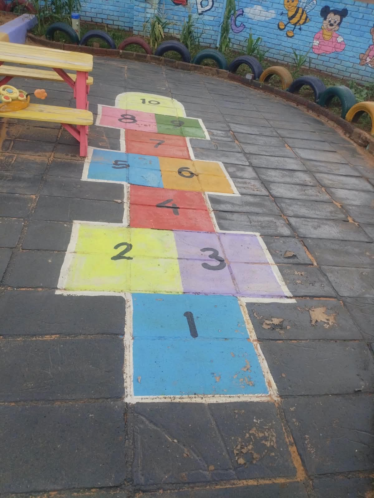 Colourful hopscotch painted in the Rainbow Kiddies playground