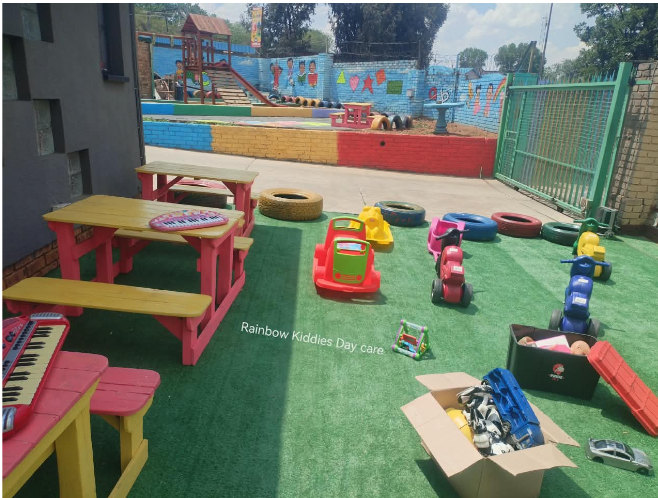 Rainbow Kiddies outdoor play space with colourful bikes and tables